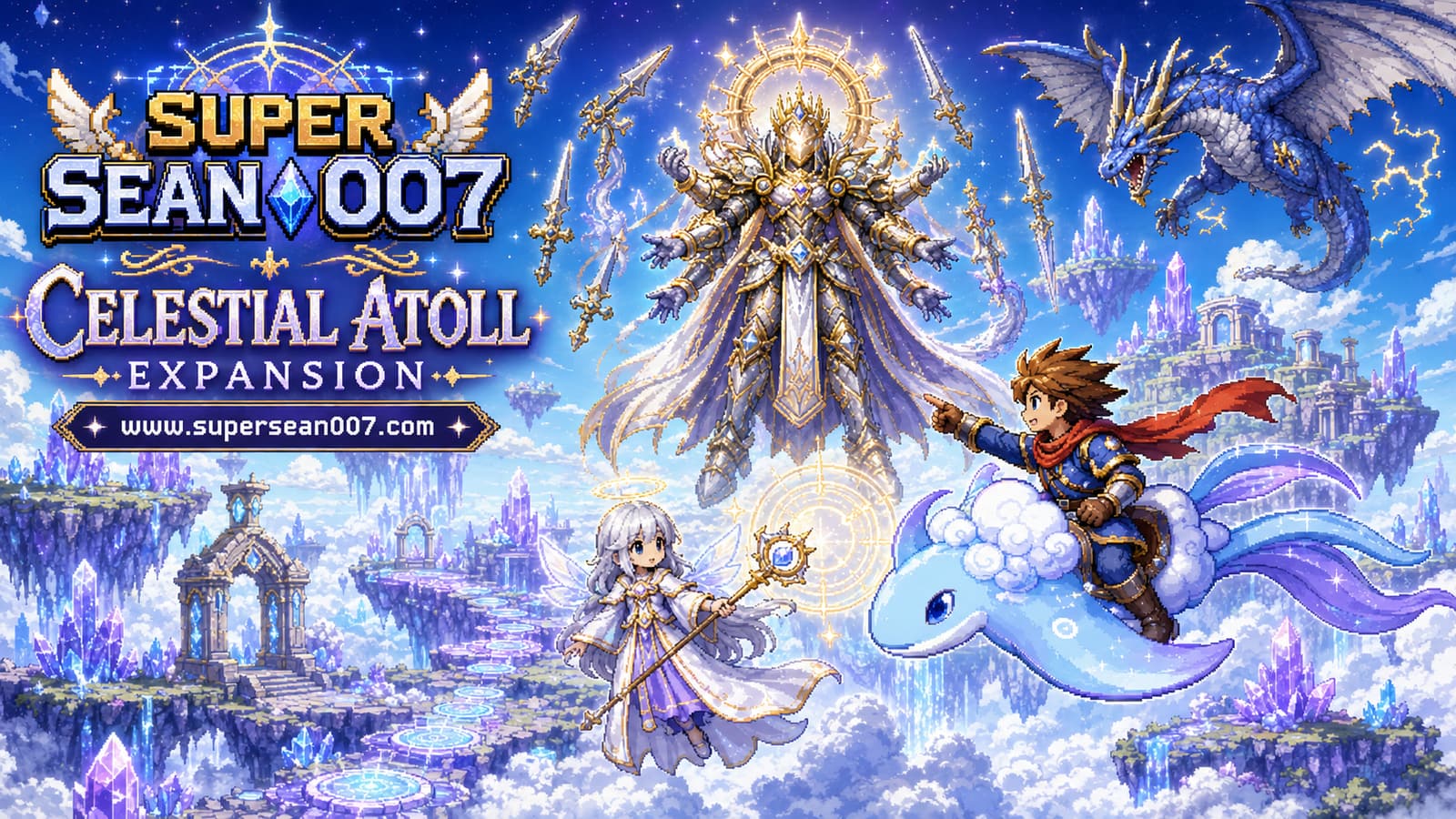 Celestial Atoll expansion key art: Super Sean rides a Cloud Ray past floating crystal islands while the Celestial Arbiter, the Sentinel Aethel and Vaelora the Storm Wyvern look on