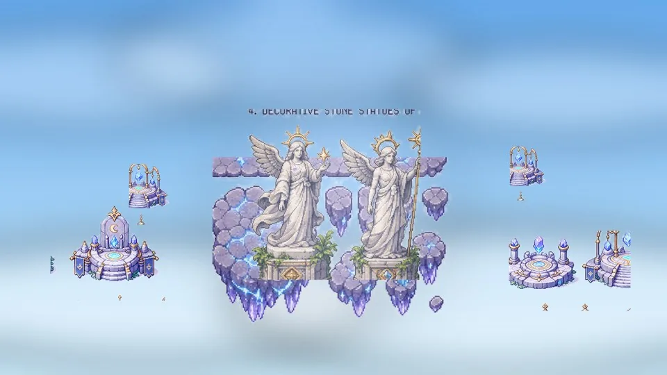 The Celestial Atoll battle arena: cloud platforms, crystal paths and sky temples