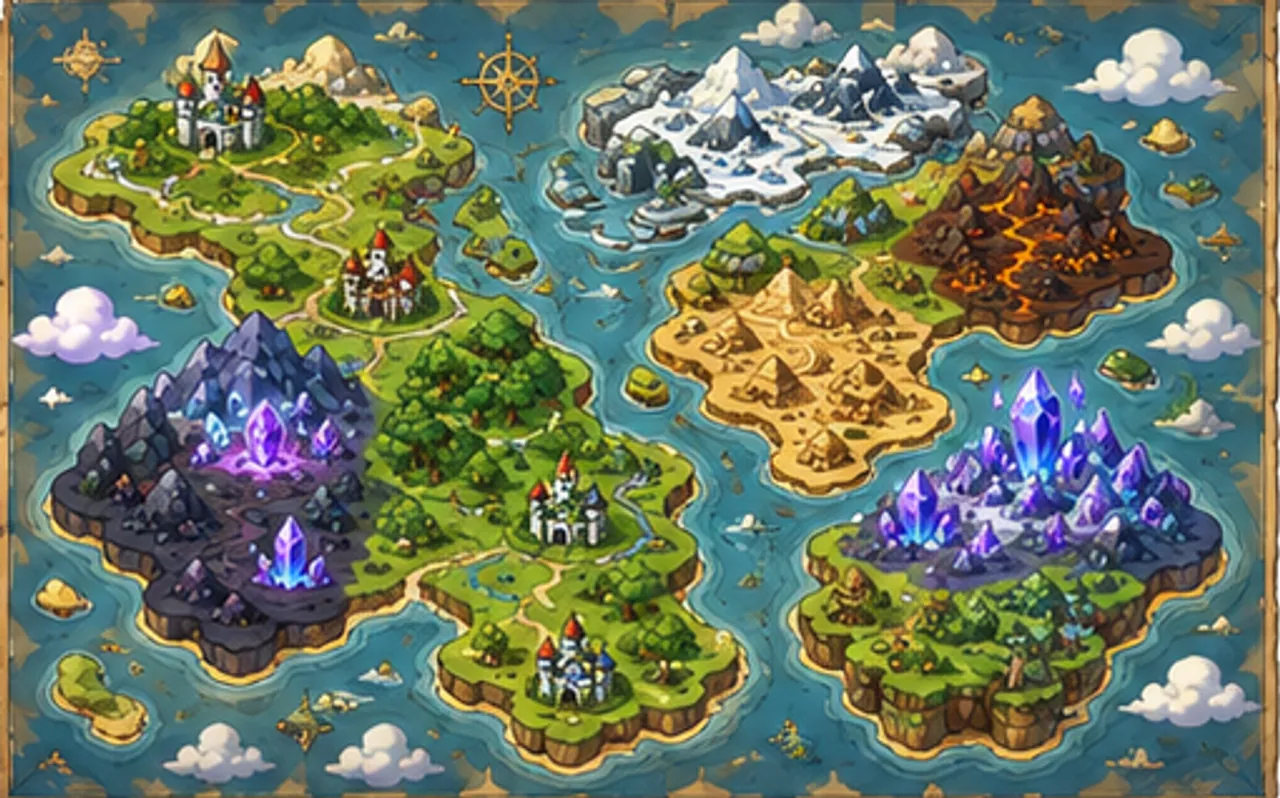 Painted parchment world map of Asteria-007 with castles, crystal isles, deserts and snowy peaks