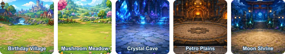 Preview strip of Asteria-007 regions, from Birthday Village to the postgame isles